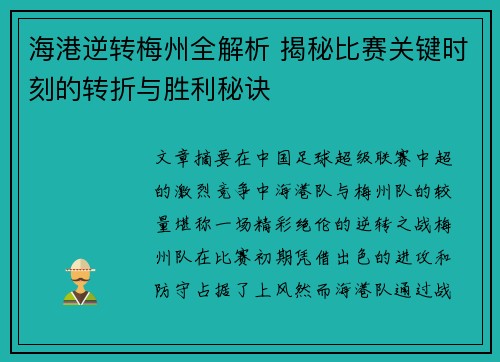 海港逆转梅州全解析 揭秘比赛关键时刻的转折与胜利秘诀