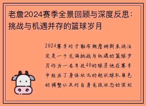 老詹2024赛季全景回顾与深度反思:挑战与机遇并存的篮球岁月 老詹2024赛季全景回顾与深度反思:挑战与机遇并存的篮球岁月
