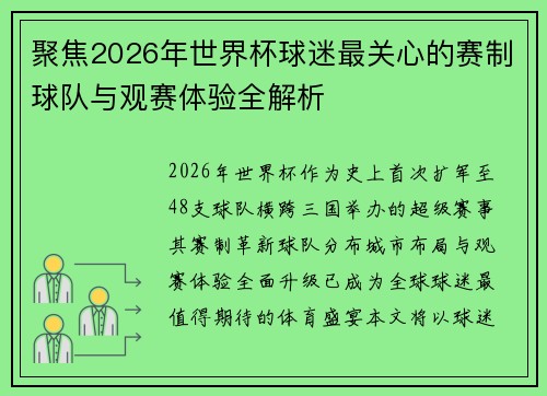 聚焦2026年世界杯球迷最关心的赛制球队与观赛体验全解析