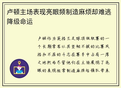 卢顿主场表现亮眼频制造麻烦却难逃降级命运